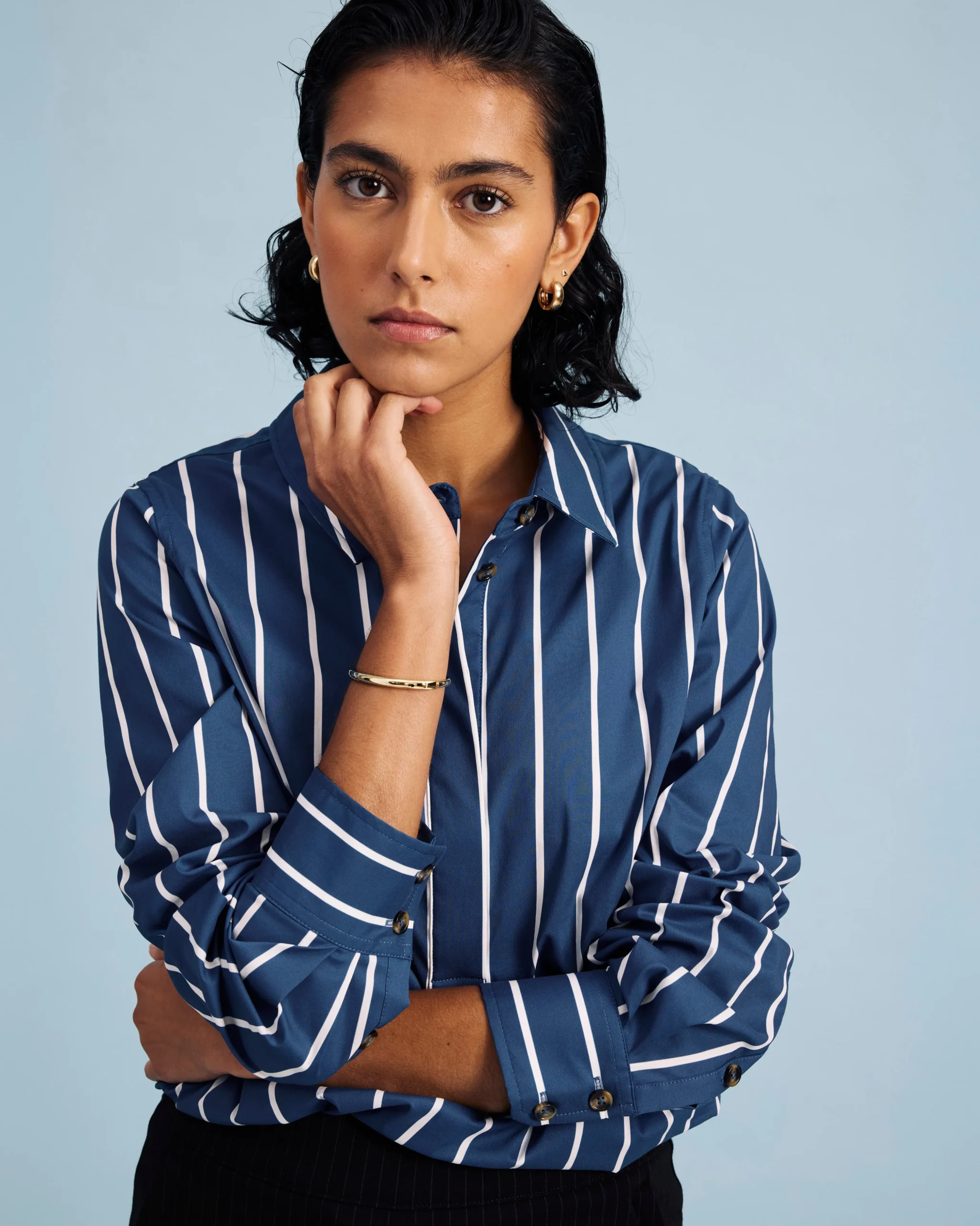 Elbe Popover Stretch Poplin Shirt Classic Fit Ensign Blue/White Stripe