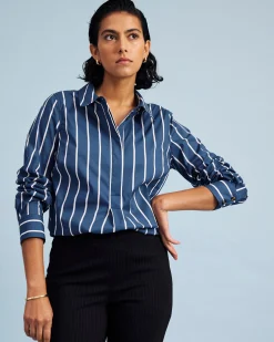 Elbe Popover Stretch Poplin Shirt Classic Fit Ensign Blue/White Stripe