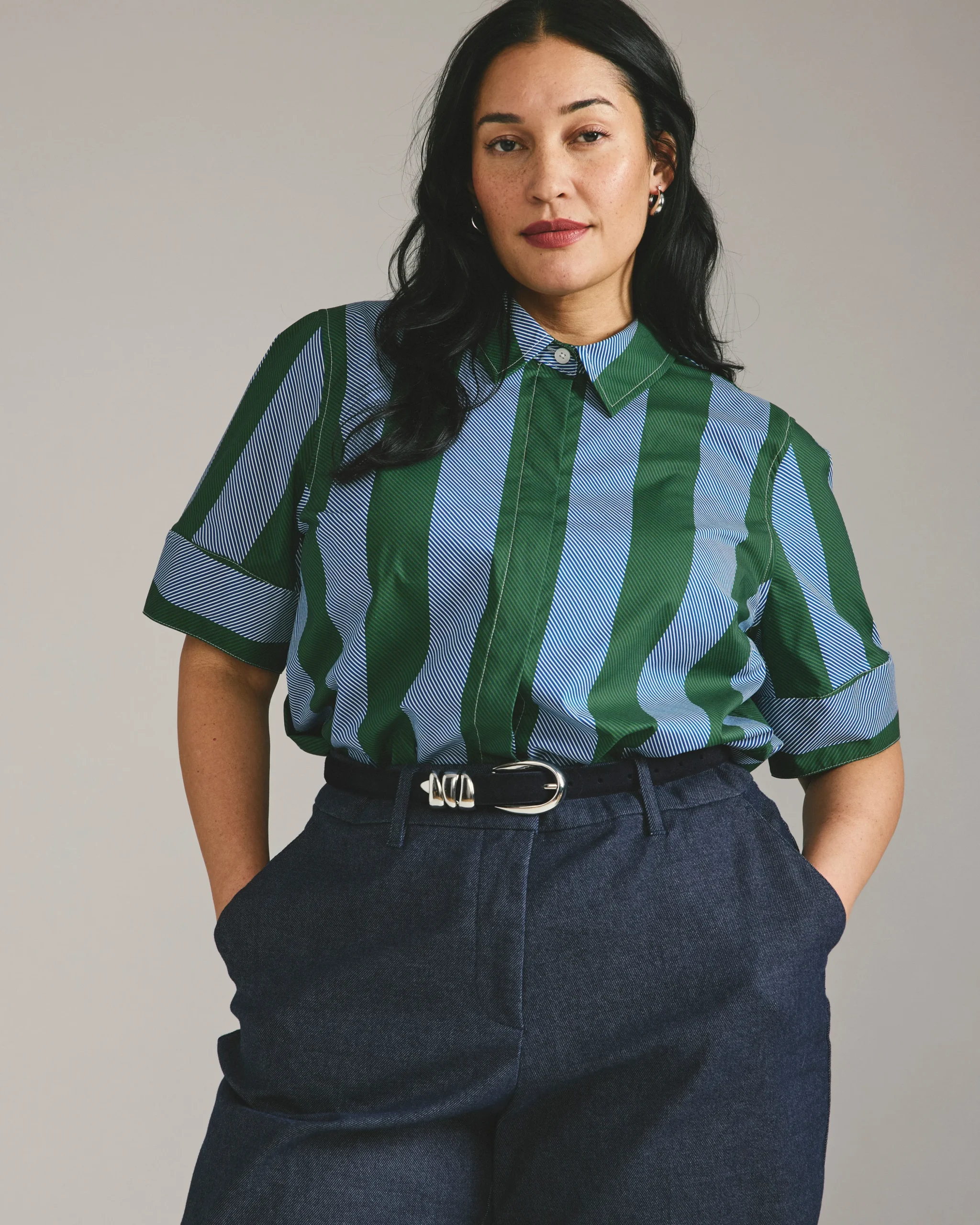 Elbe Stretch Poplin Short Sleeve Shirt Green/Blue Directional Stripe