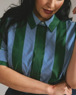 Elbe Stretch Poplin Short Sleeve Shirt Green/Blue Directional Stripe