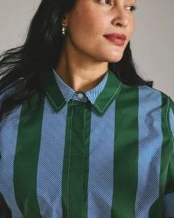 Elbe Stretch Poplin Short Sleeve Shirt Green/Blue Directional Stripe