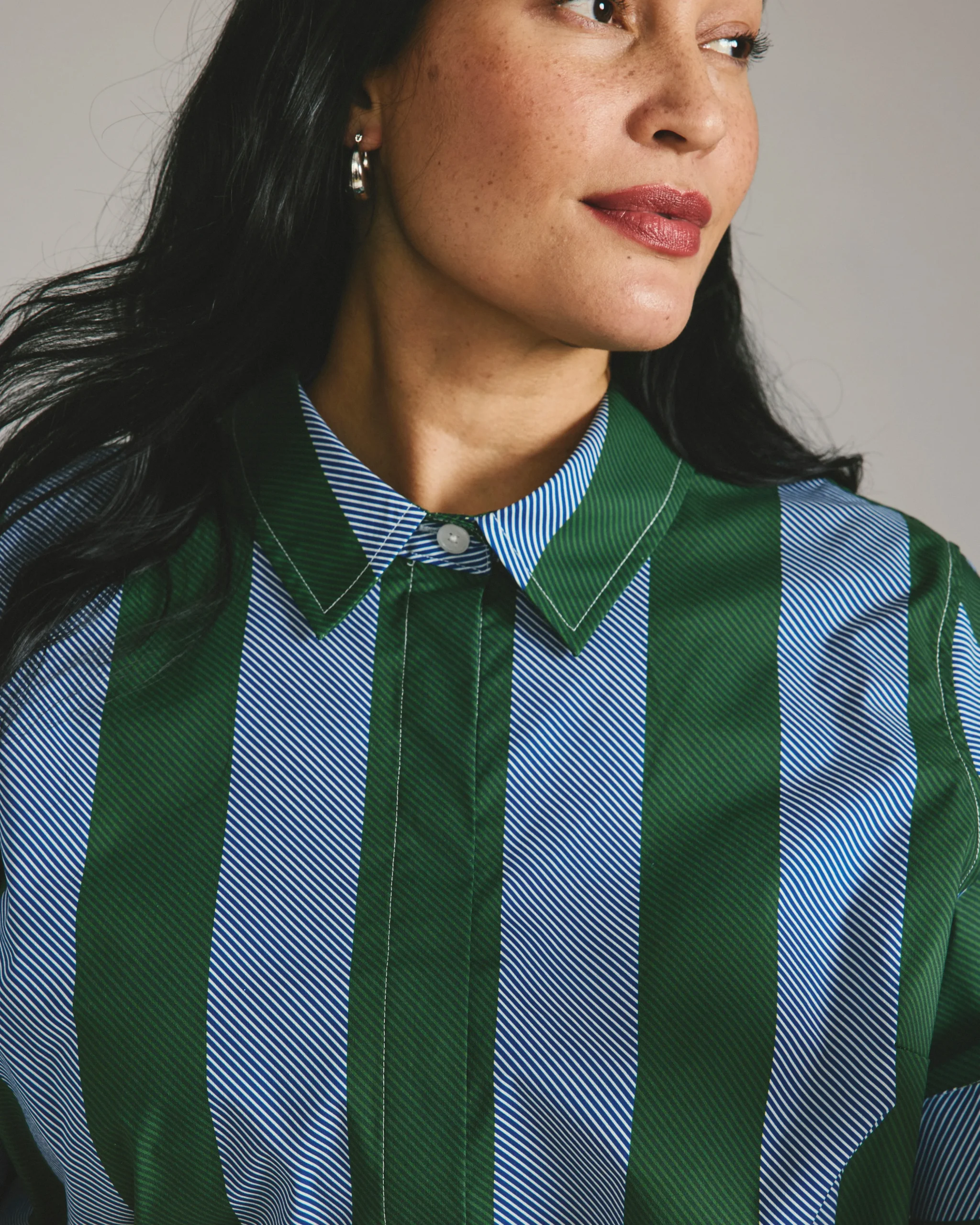 Elbe Stretch Poplin Short Sleeve Shirt Green/Blue Directional Stripe
