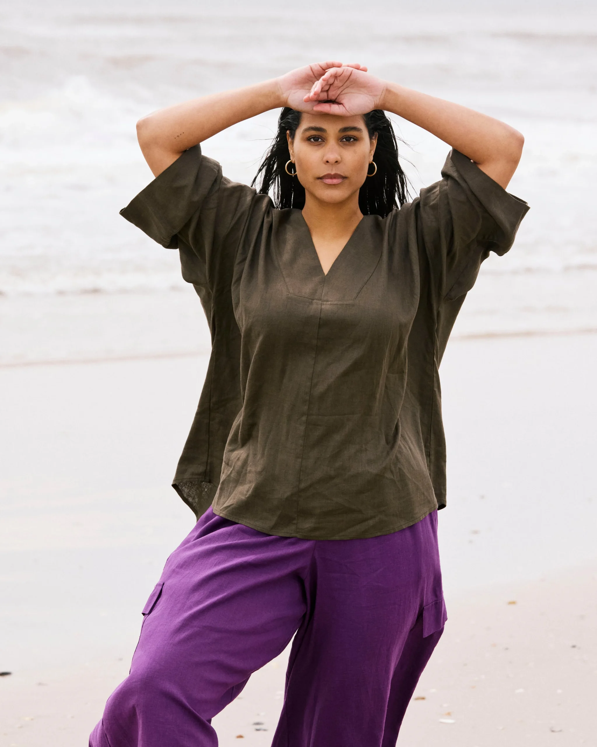 Elio V-Neck Linen Blend Top Camo