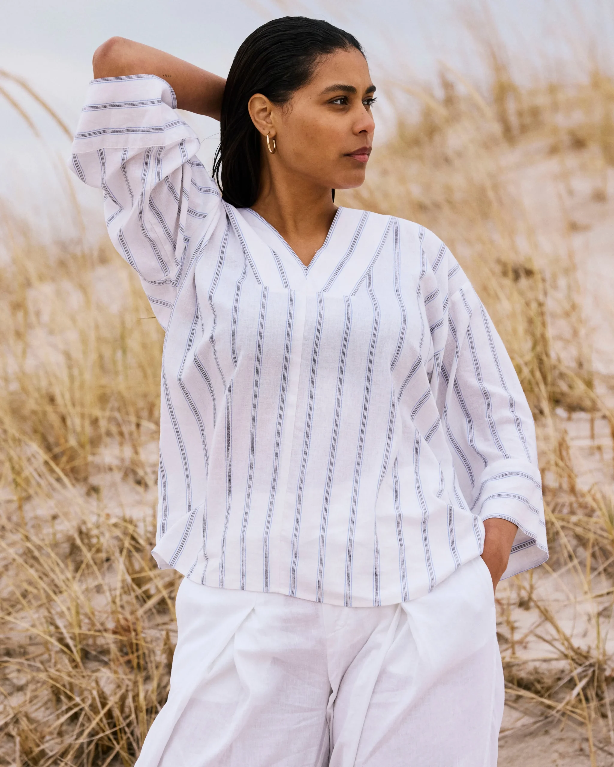 Elio V-Neck Linen Blend Top Mayfair Stripe