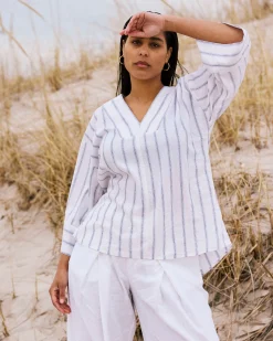Elio V-Neck Linen Blend Top Mayfair Stripe