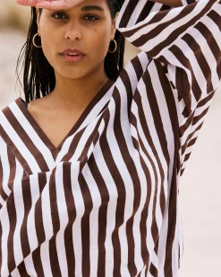 Elio V-Neck Linen Blend Top Peppercorn Stripe