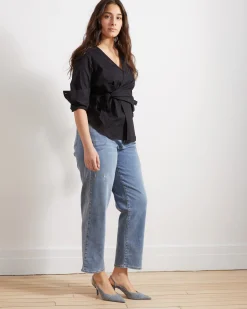Ella High Rise Straight Leg Jeans Distressed Washed Indigo