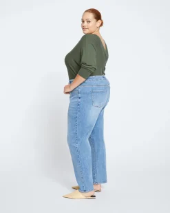 Etta High Rise Straight Leg Jeans 31 Inch Distressed Washed Indigo