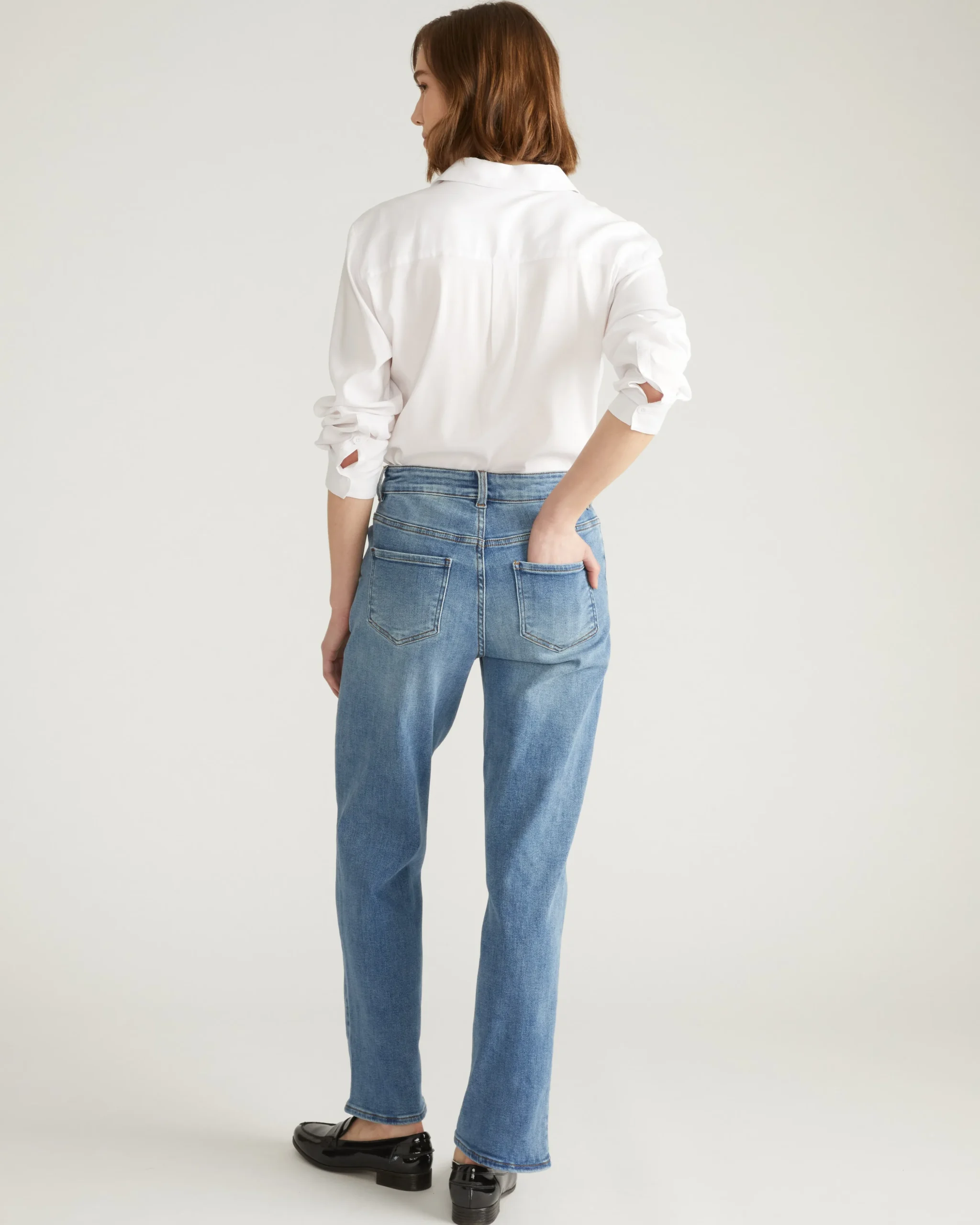 Etta High Rise Straight Leg Jeans 31 Inch Distressed Washed Indigo