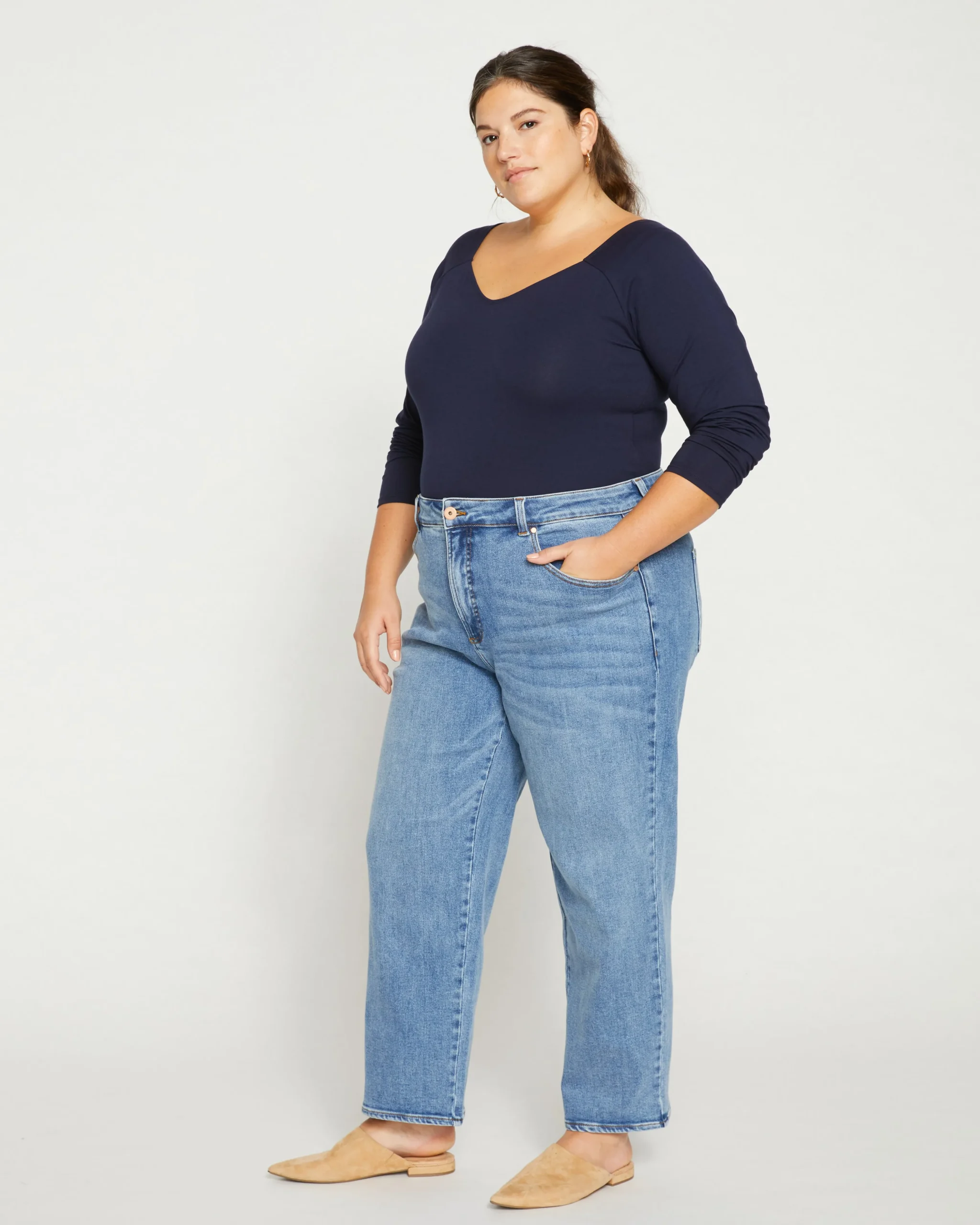 Etta High Rise Straight Leg Jeans 28 Inch Distressed Washed Indigo
