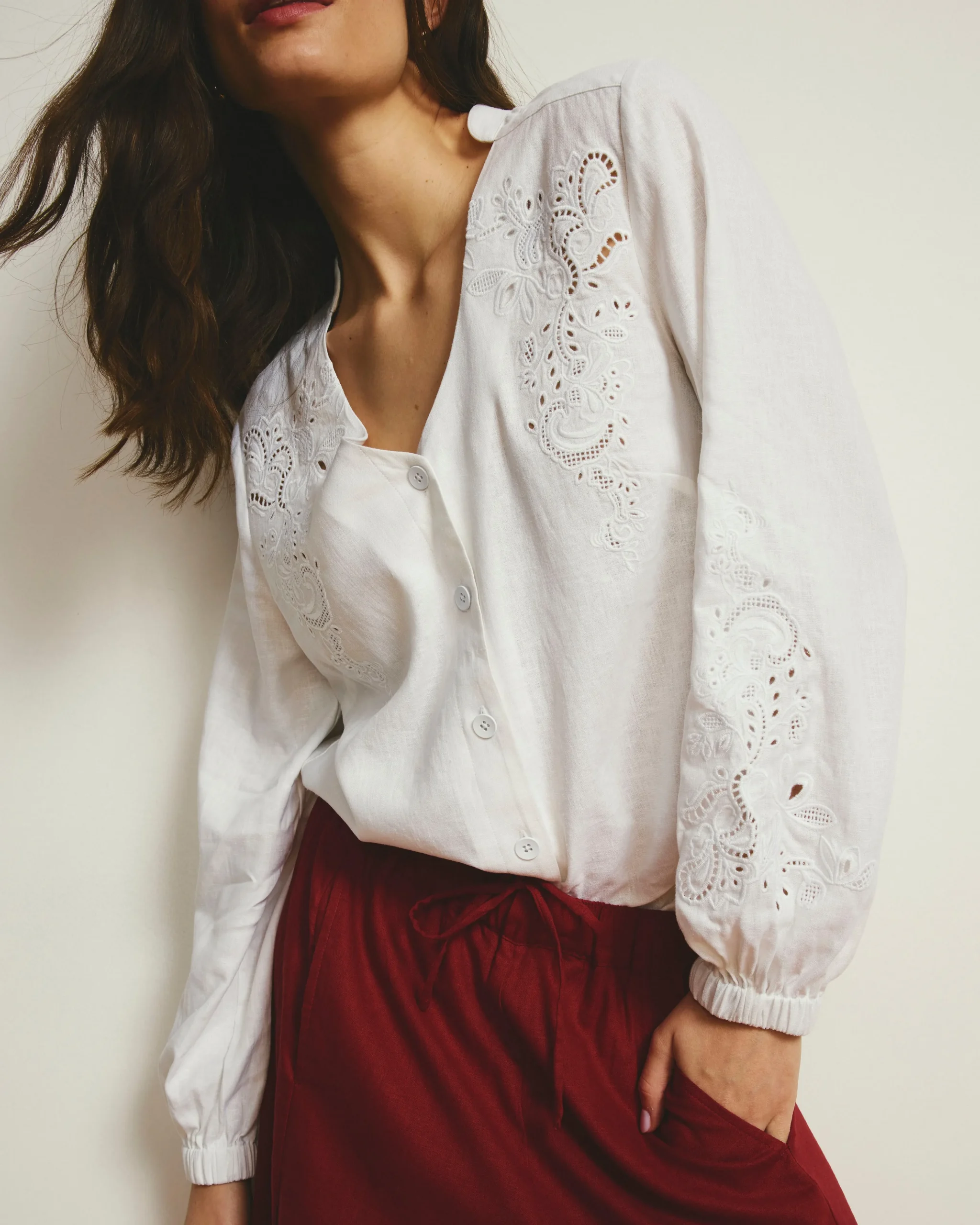 Frances Embroidered Linen Blend Blouse White