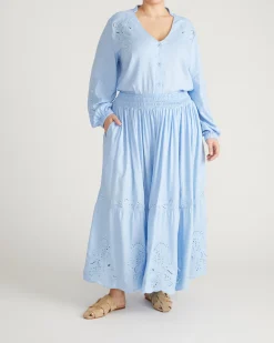 Frances Embroidered Linen Blend Blouse Cielo Blue