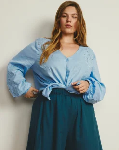 Frances Embroidered Linen Blend Blouse Cielo Blue