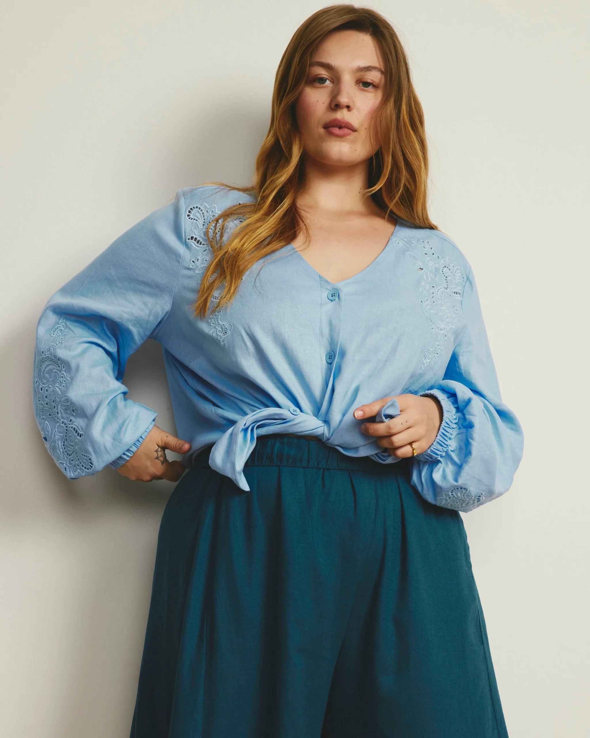 Frances Embroidered Linen Blend Blouse Cielo Blue