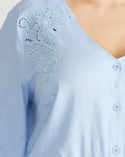 Frances Embroidered Linen Blend Blouse Cielo Blue