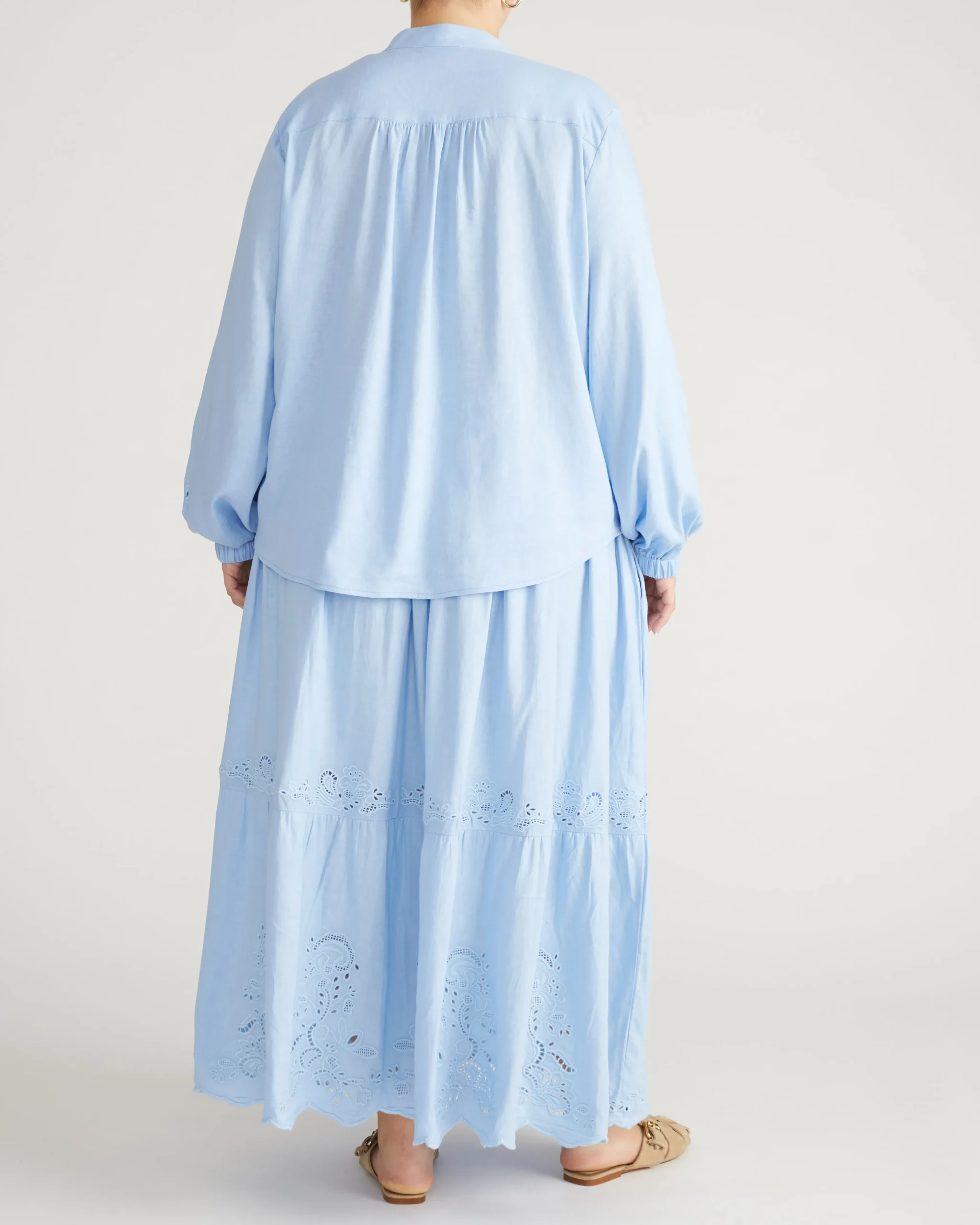 Frances Embroidered Linen Blend Blouse Cielo Blue