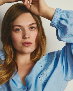 Frances Embroidered Linen Blend Blouse Cielo Blue