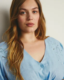 Frances Embroidered Linen Blend Blouse Cielo Blue