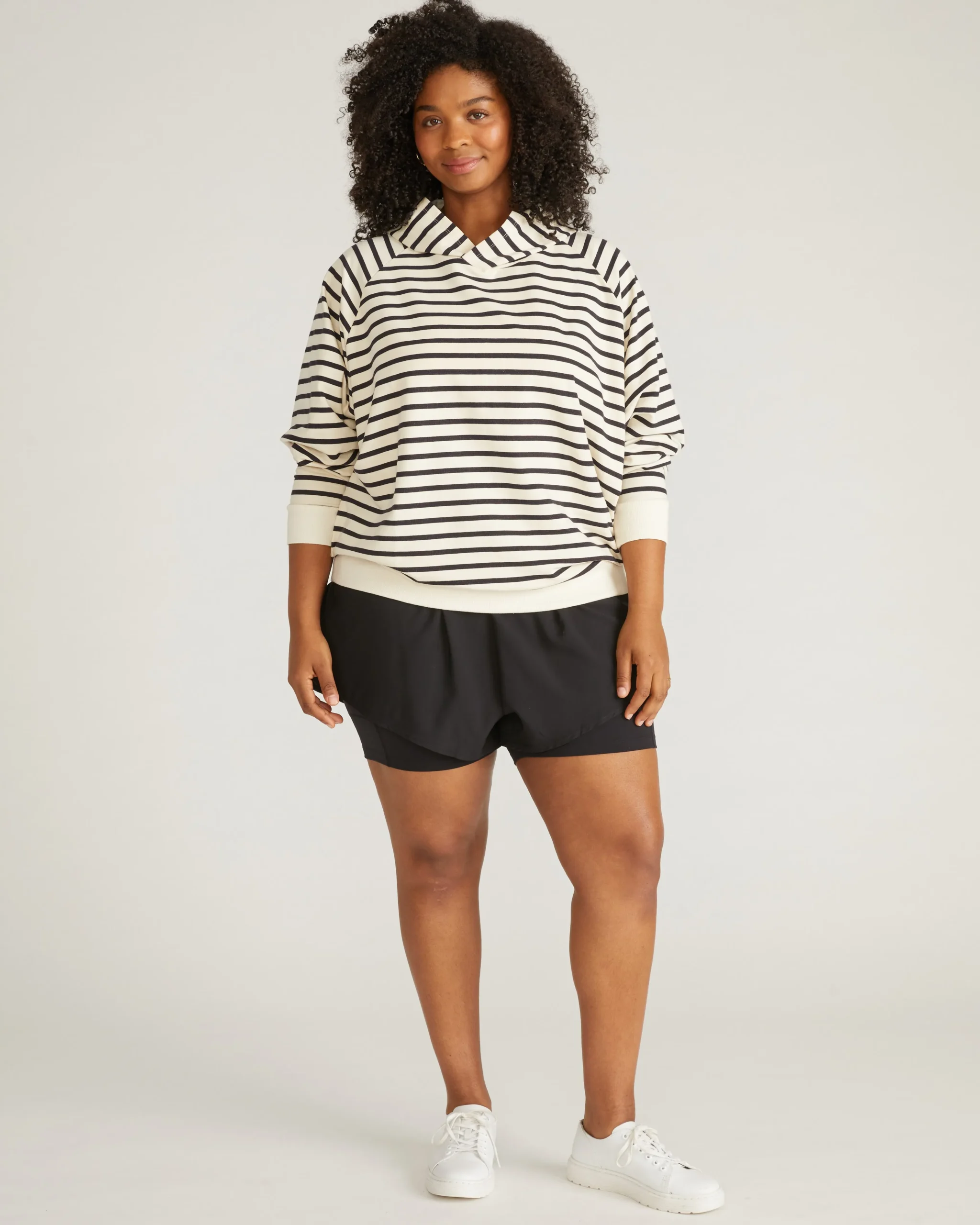 French Terry Pullover Hoodie Ecru/Black Stripe