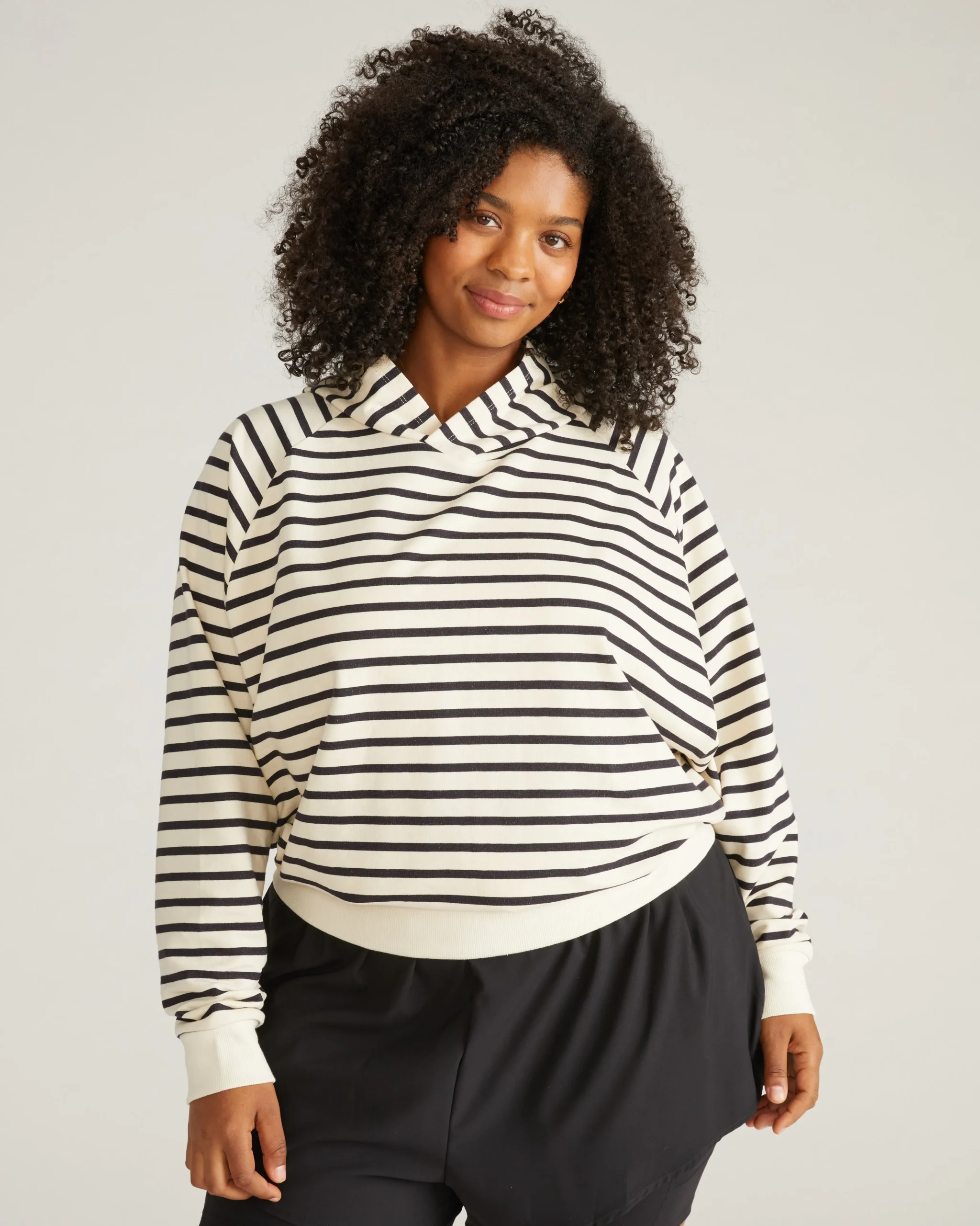 French Terry Pullover Hoodie Ecru/Black Stripe