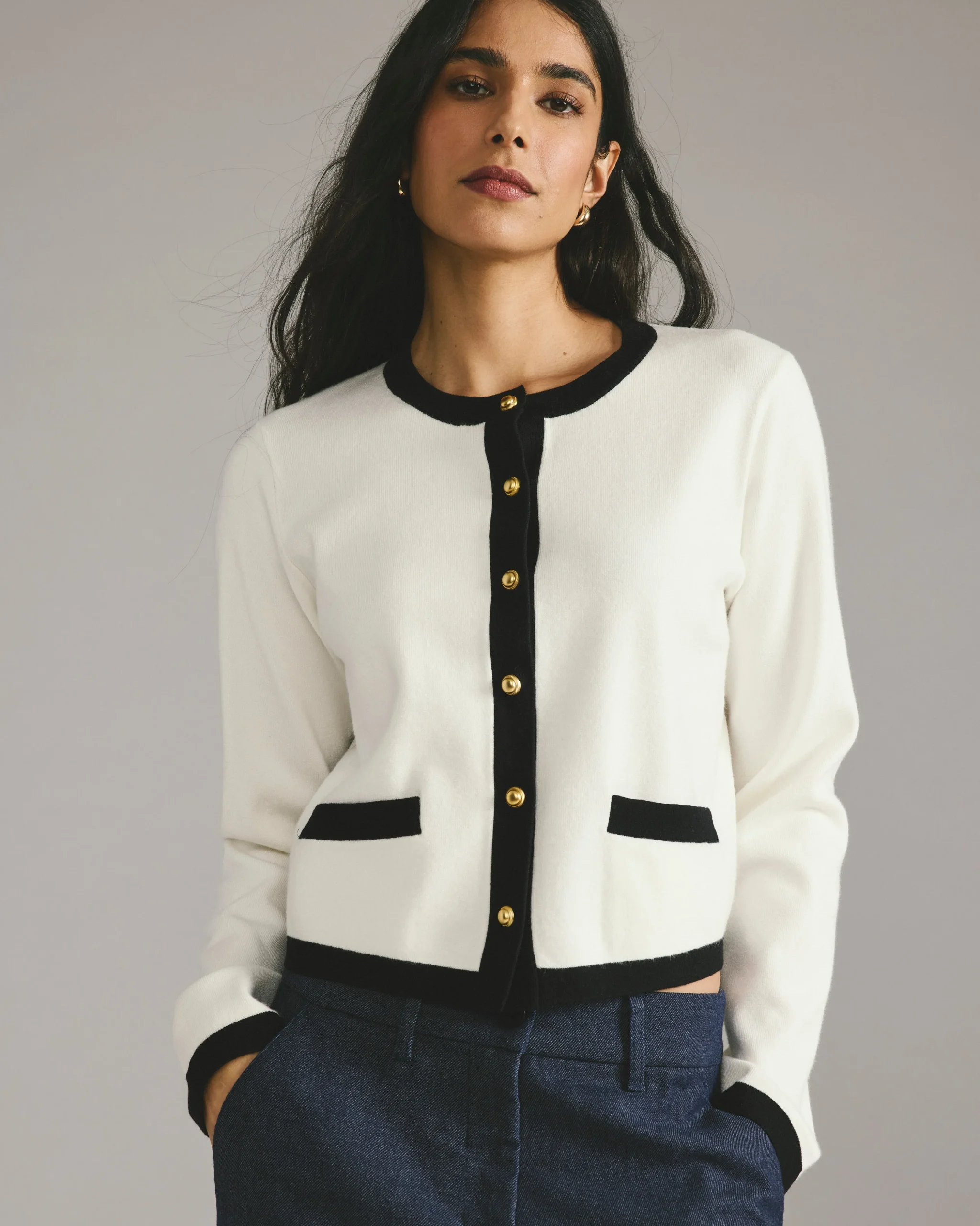 Gabrielle Button-Front Cardigan Cream with Black Accents