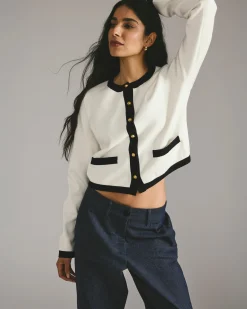 Gabrielle Button-Front Cardigan Cream with Black Accents