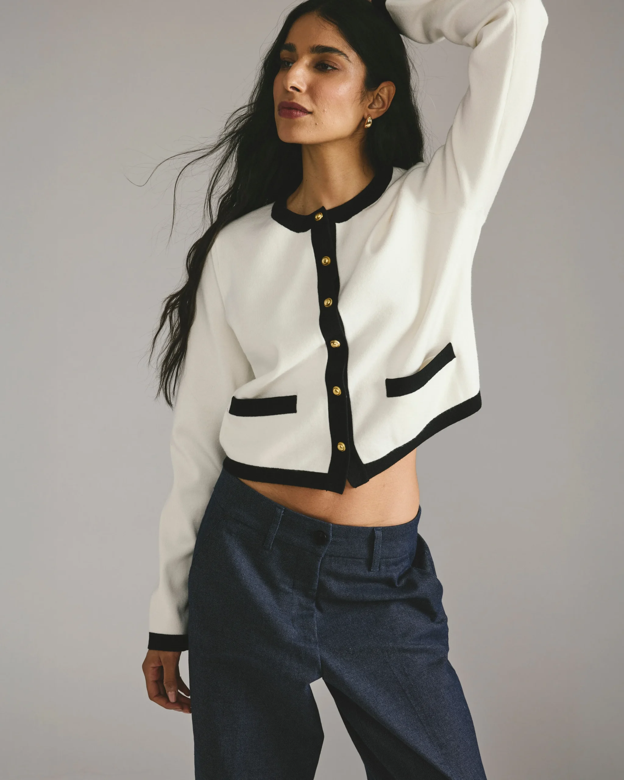 Gabrielle Button-Front Cardigan Cream with Black Accents