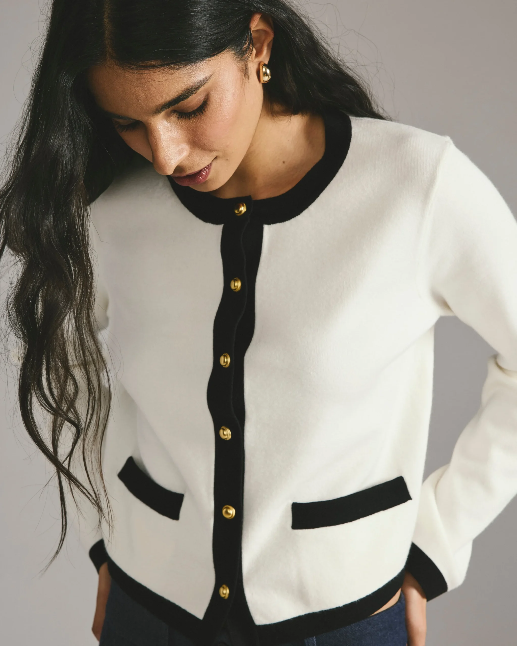 Gabrielle Button-Front Cardigan Cream with Black Accents