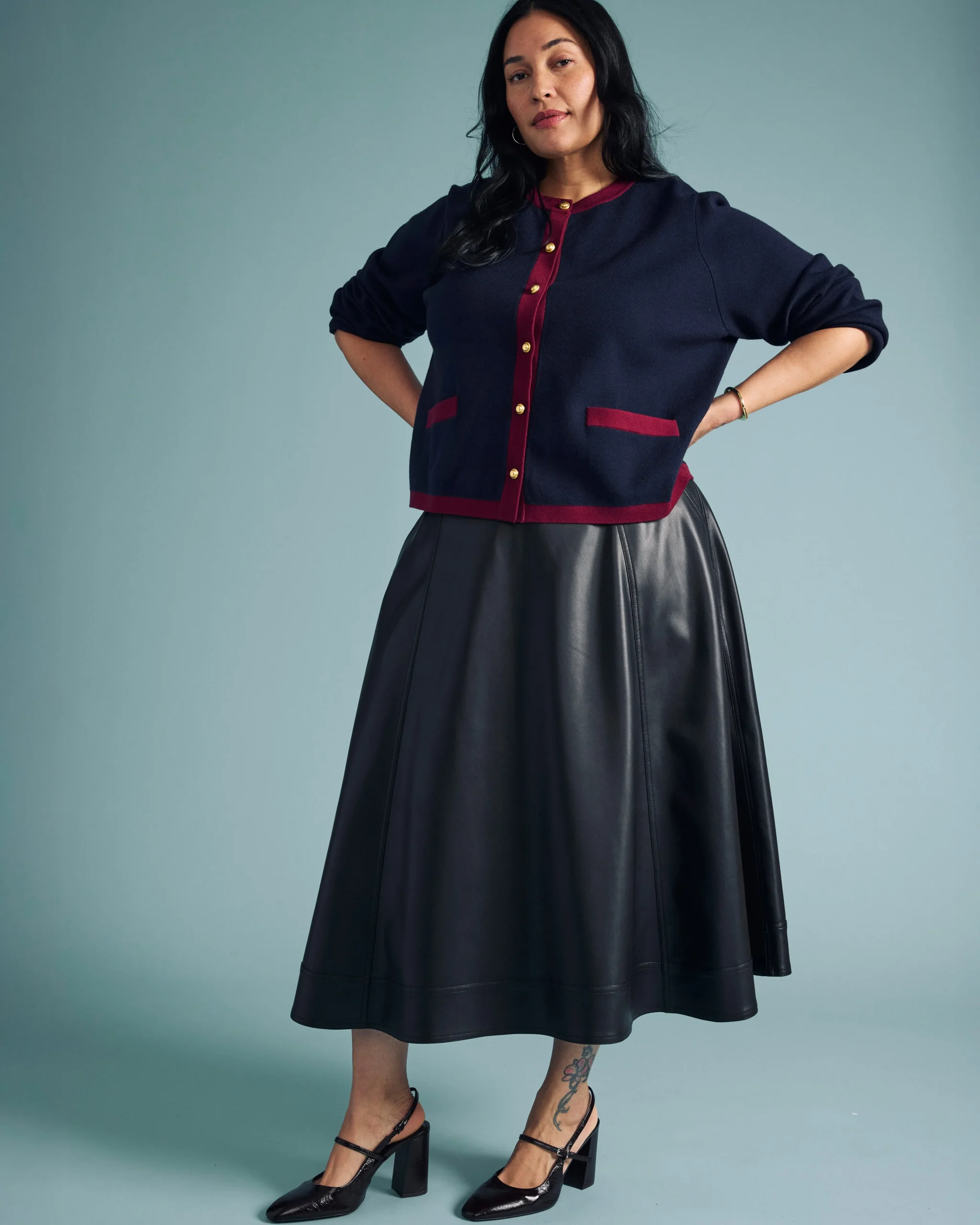 Gabrielle Button-Front Cardigan Midnight with Red Accents