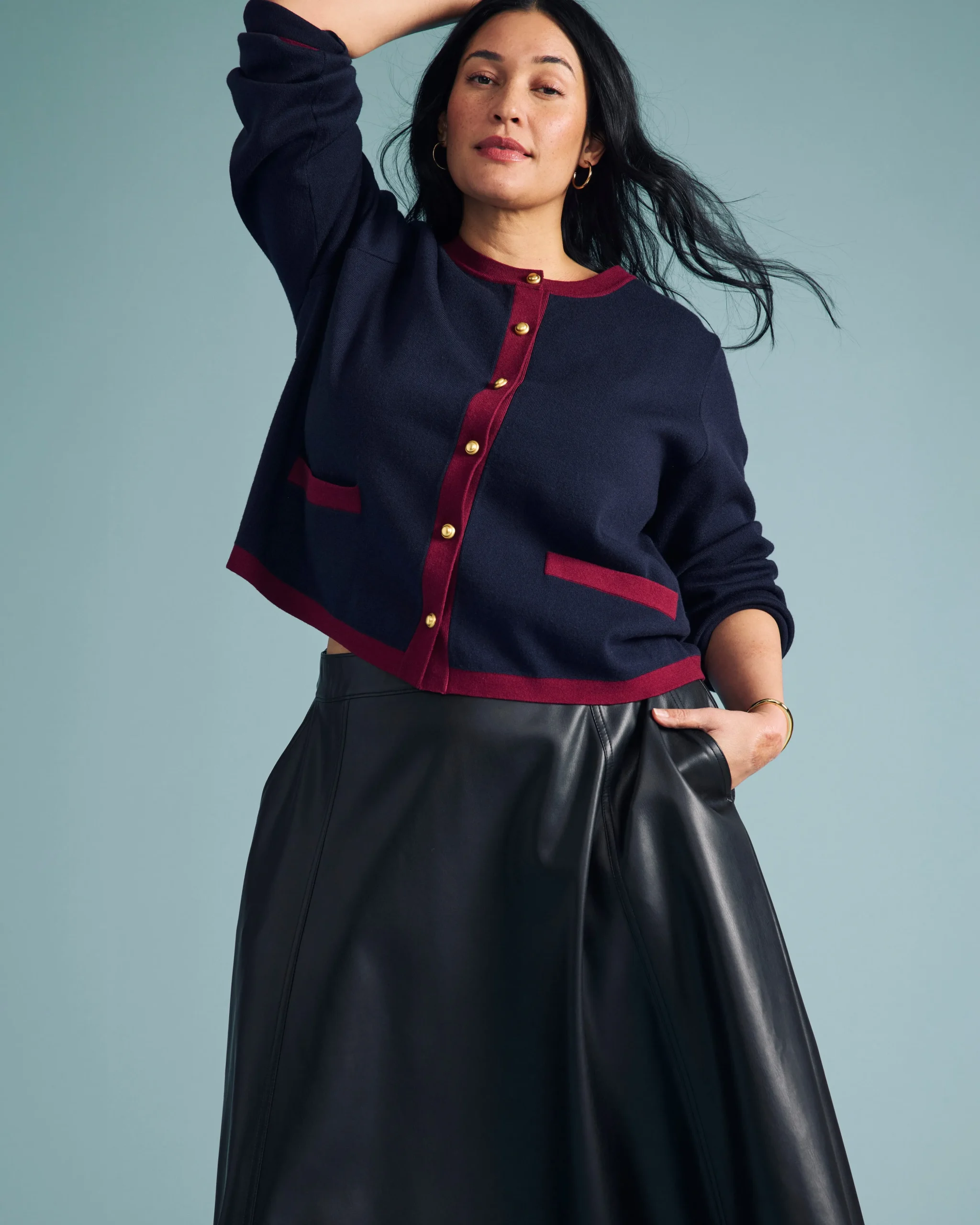 Gabrielle Button-Front Cardigan Midnight with Red Accents