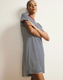 Garcon Tee Dress Navy/White Stripe with Garnet Trim