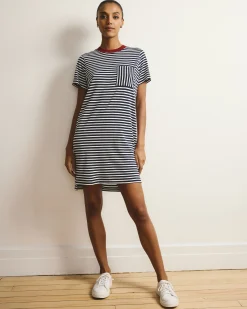 Garcon Tee Dress Navy/White Stripe with Garnet Trim