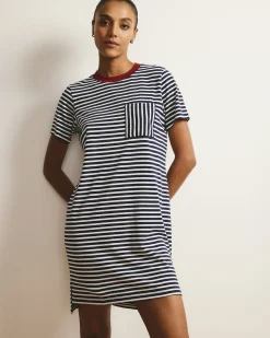 Garcon Tee Dress Navy/White Stripe with Garnet Trim