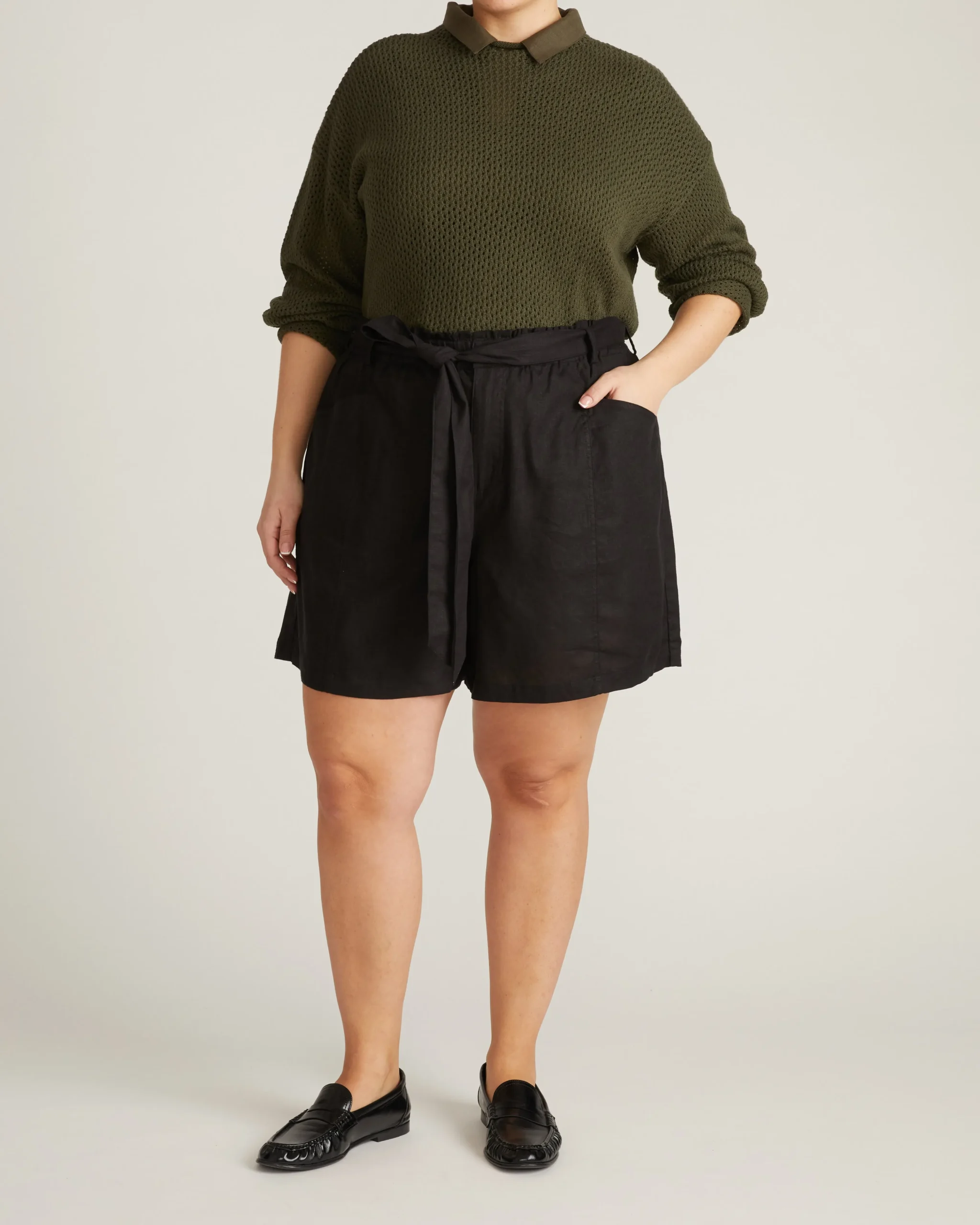 Harbor Stretch Linen Blend Paperbag Shorts Black