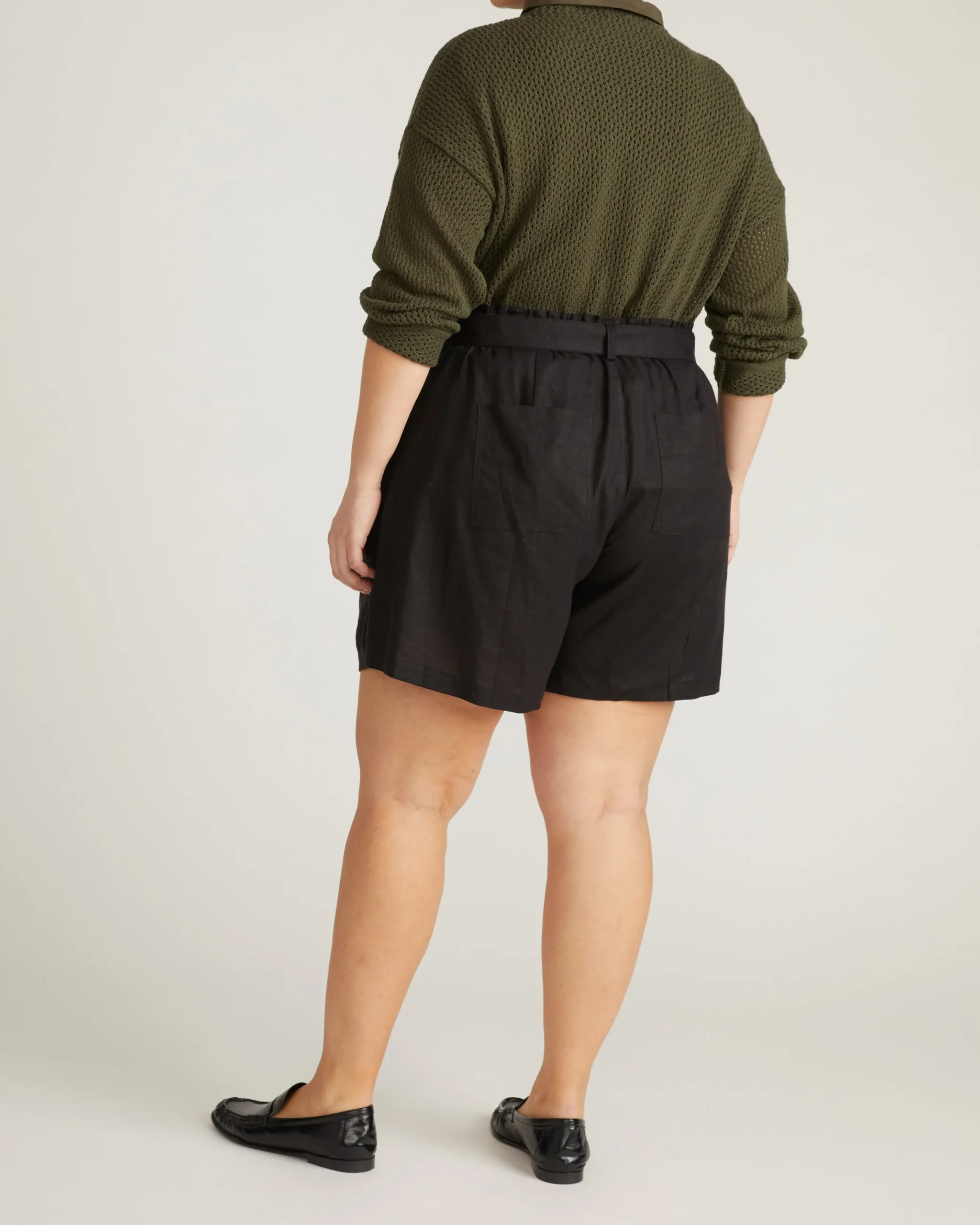 Harbor Stretch Linen Blend Paperbag Shorts Black