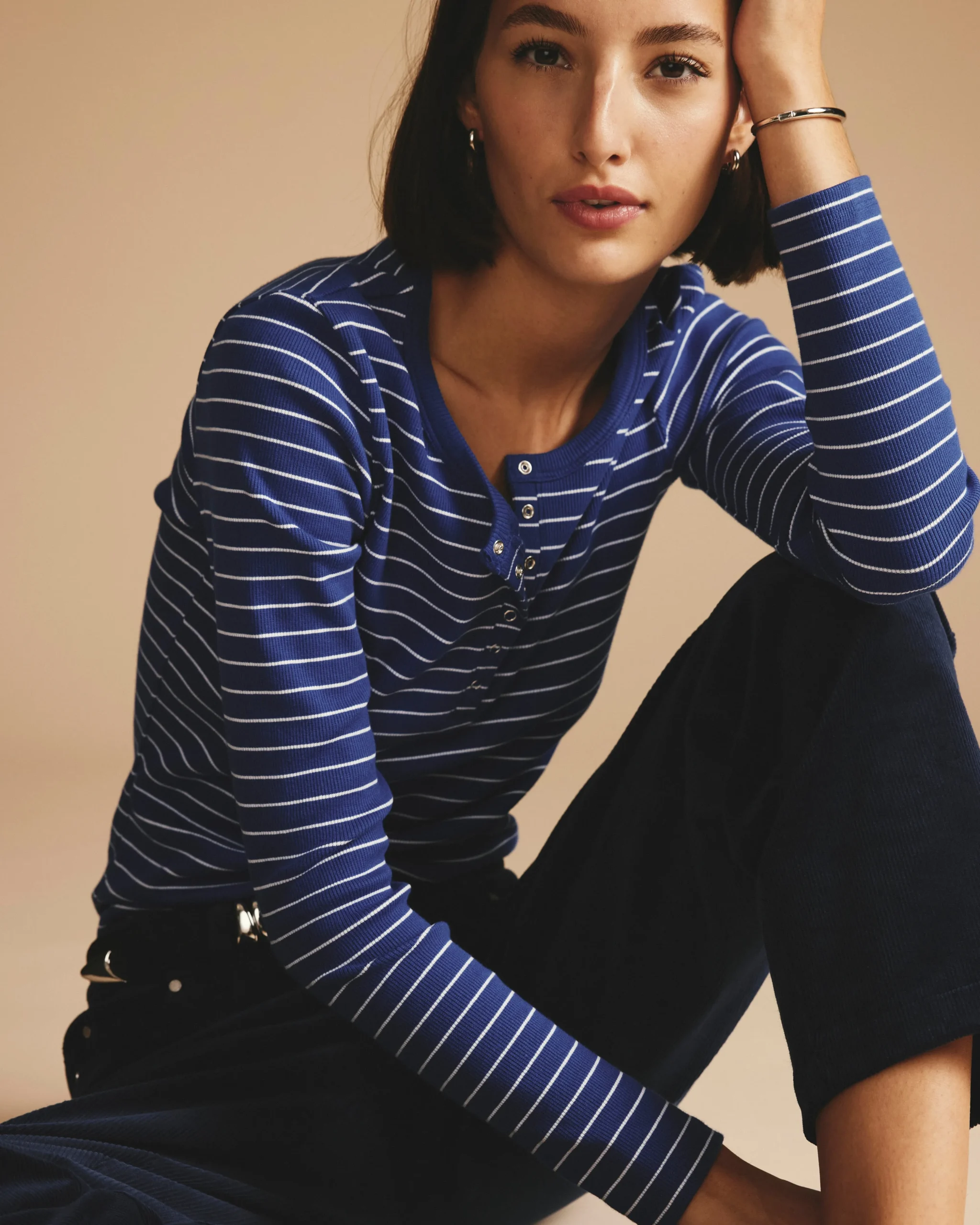 Henley Long Sleeve Ribbed Tee Bright Blue/White Microstripe