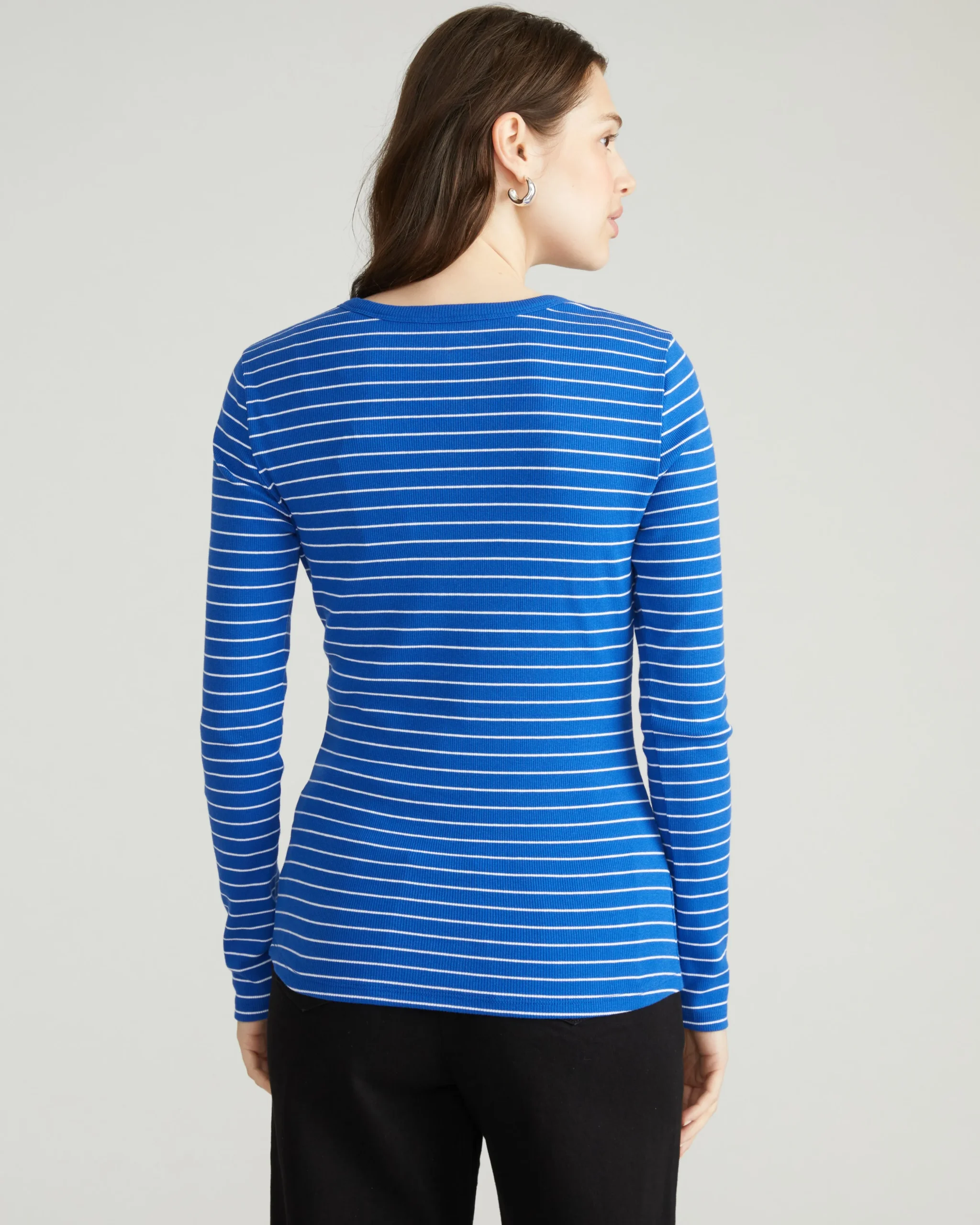 Henley Long Sleeve Ribbed Tee Bright Blue/White Microstripe