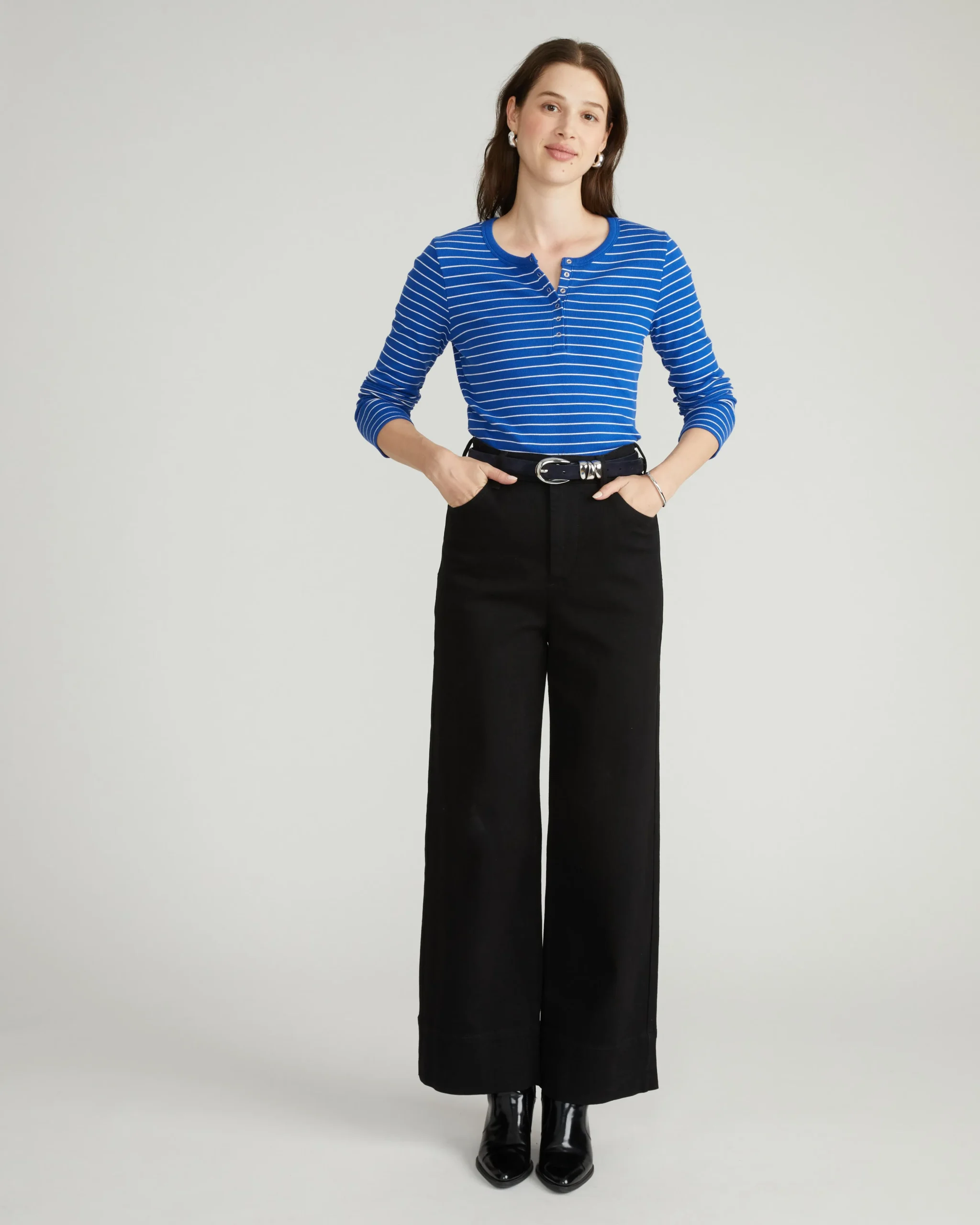 Henley Long Sleeve Ribbed Tee Bright Blue/White Microstripe