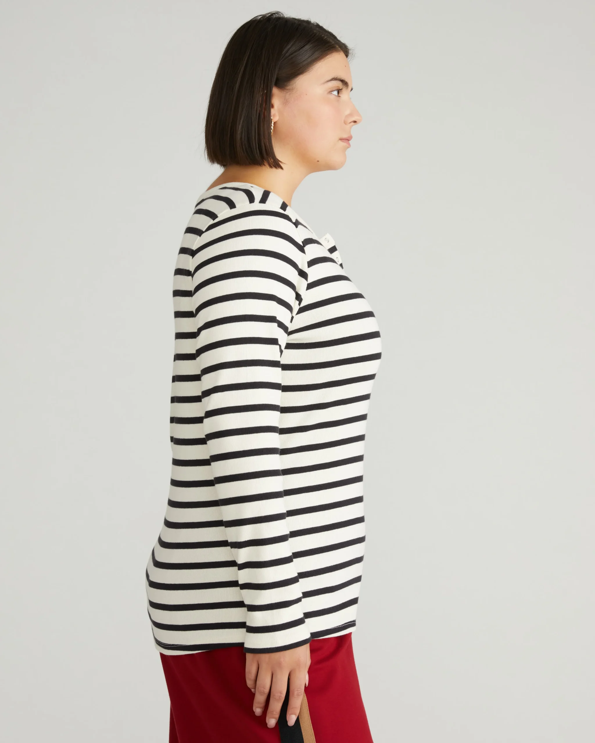 Henley Long Sleeve Ribbed Tee Ecru/Black Stripe