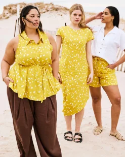 Iconic Stretch Linen Blend Geneva Dress Yellow Confetti Print