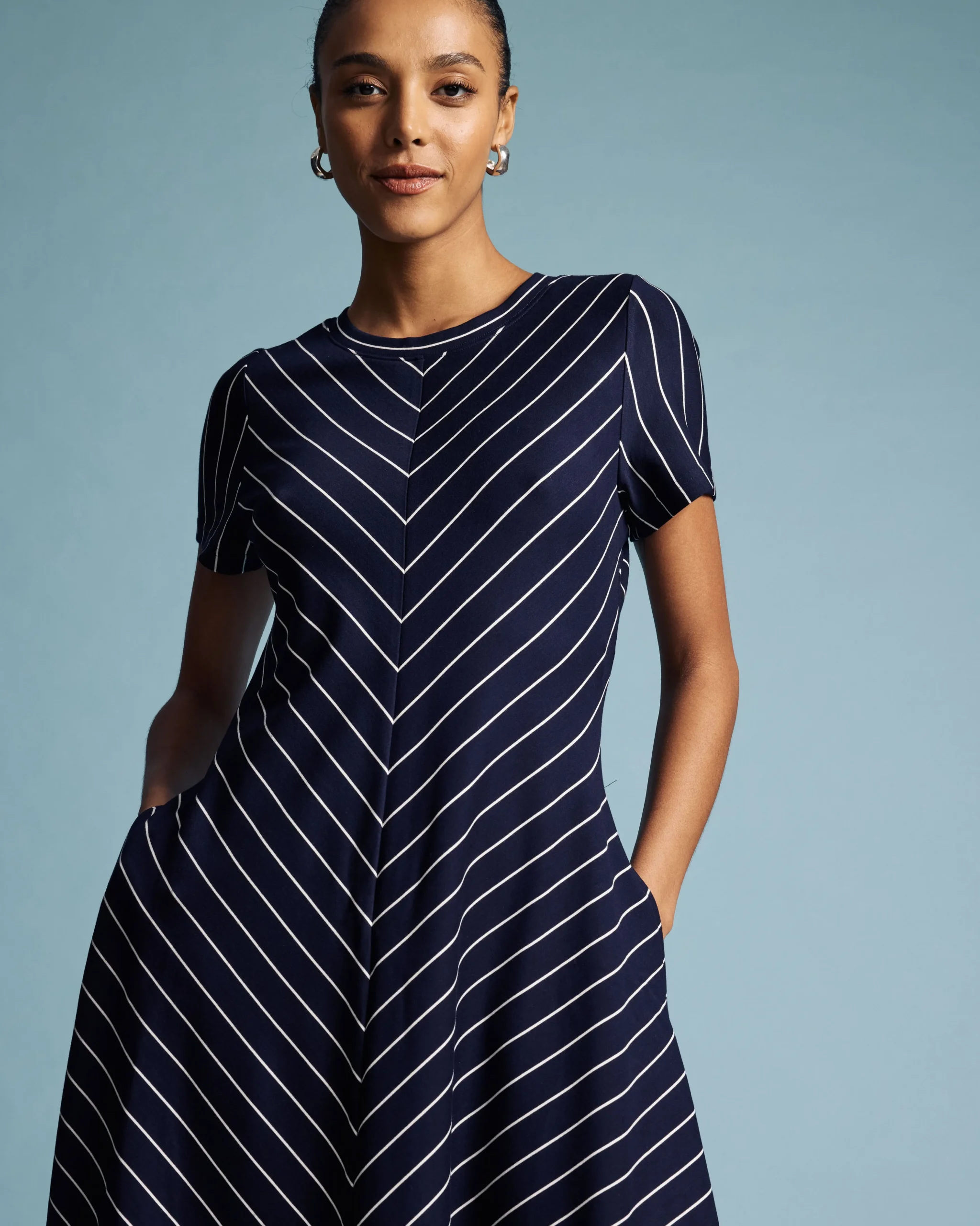 Imani Ponte Dress Navy Pinstripe