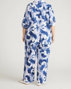 Iris Linen Blend Easy Pull-On Pants Blue Pressed Flower Print