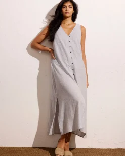 Islet Button-Down Linen Blend Maxi Dress Beach Stripe