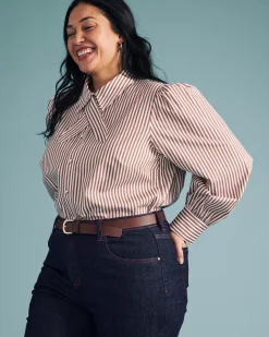 Janet Tie-Neck Cotton Poplin Shirt Allspice/White Stripe