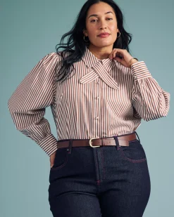 Janet Tie-Neck Cotton Poplin Shirt Allspice/White Stripe