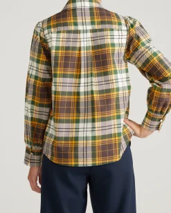 Janet Tie-Neck Cotton Poplin Shirt Brown Plaid