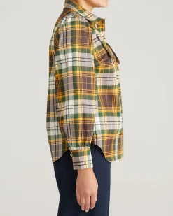 Janet Tie-Neck Cotton Poplin Shirt Brown Plaid