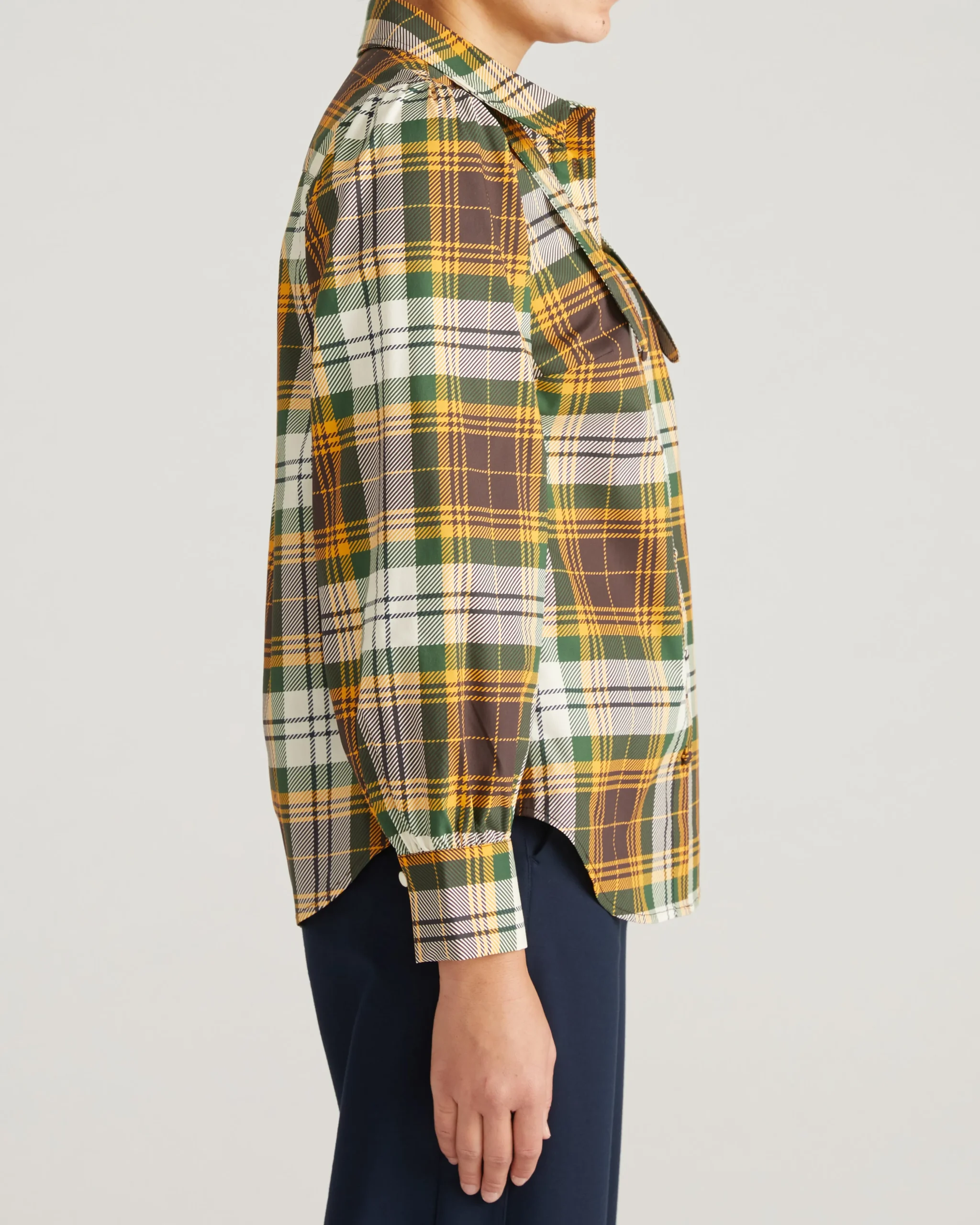 Janet Tie-Neck Cotton Poplin Shirt Brown Plaid