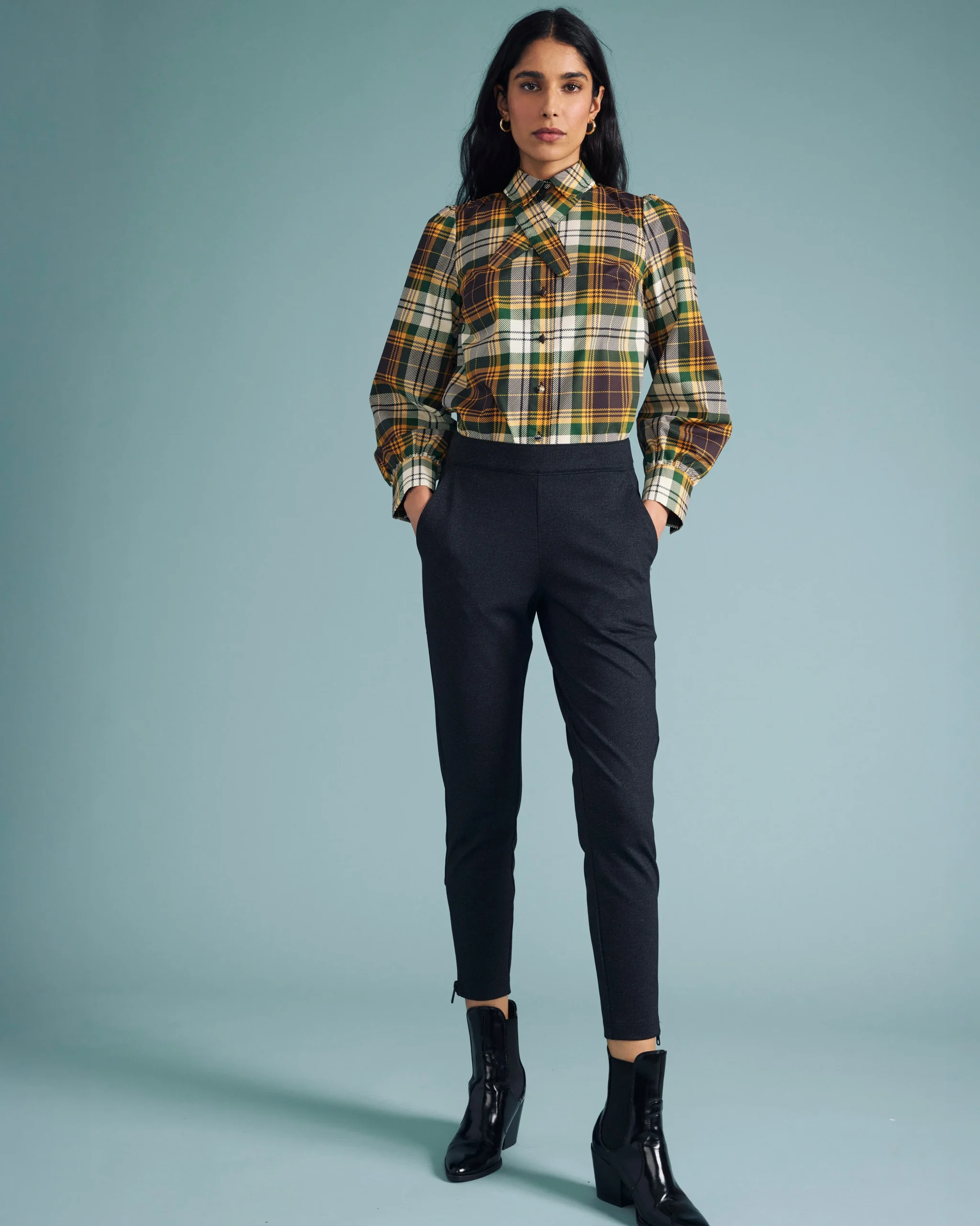 Janet Tie-Neck Cotton Poplin Shirt Brown Plaid