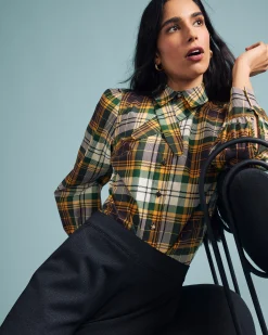 Janet Tie-Neck Cotton Poplin Shirt Brown Plaid